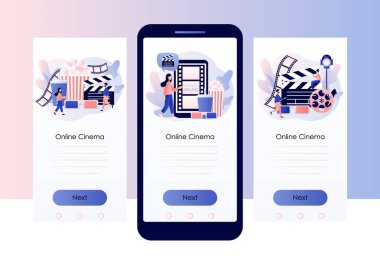Çevrimiçi sinema kutsaldır. Mobil sinema salonu. Sinematografi. Film izleyen küçük insanlar. Cep telefonu için ekran şablonu. Modern düz çizgi film tarzı. Vektör illüstrasyonu