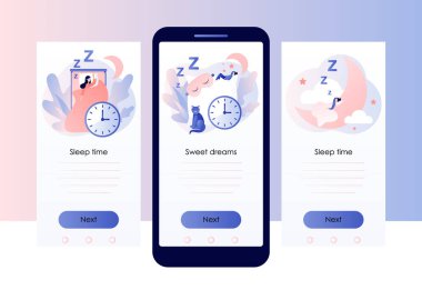 Uyku vakti. Tatlı rüyalar. Sağlıklı yaşam ve biyolojik ritimler. Minik kadın maskeyle uyuyor. Cep telefonu için ekran şablonu. Modern düz çizgi film tarzı. Vektör illüstrasyonu