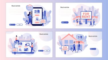 Kiralık ev. Evlerle ilgili emlak işi kavramı. Cep telefonu, iniş sayfası, şablon, ui, web, mobil uygulama, poster, afiş, el ilanı için ekran şablonu. Modern düz çizgi film tarzı. Vektör