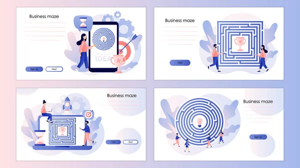 Laberinto de negocios concepto. Metáfora de negocios. Plantilla de pantalla para teléfono inteligente móvil, landing page, plantilla, ui, web, aplicación móvil, póster, banner, volante. Moderno estilo de dibujos animados planos. Ilustración vectorial — Vector de stock