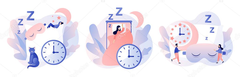 Sleep time. Sweet dreams. Good health and work of biological rhythms. Tiny woman sleeps in mask. Modern flat cartoon style. Vector illustration on white background