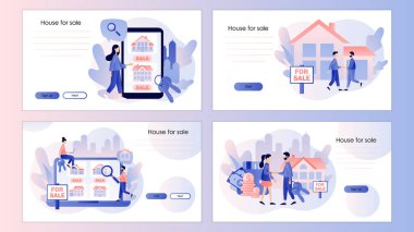 Satılık ev. Evlerle ilgili emlak işi kavramı. Cep telefonu, iniş sayfası, şablon, ui, web, mobil uygulama, poster, afiş, el ilanı için ekran şablonu. Modern düz çizgi film tarzı. Vektör