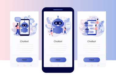 Chatbot konsepti. AI robot asistanı, çevrimiçi müşteri desteği. Küçük insanlar sohbet robotu uygulaması ile sohbet ediyorlar. Cep telefonu için ekran şablonu. Modern düz çizgi film tarzı. Vektör