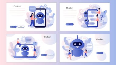 Chatbot konsepti. Yapay zeka robot asistanı, müşteri desteği. Cep telefonu, iniş sayfası, şablon, ui, web, mobil uygulama, poster, afiş, el ilanı için ekran şablonu. Modern düz çizgi film tarzı. Vektör