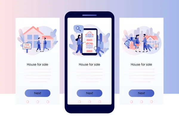 Dům na prodej. Obchodní koncept s nemovitostmi s domy. Realitní makléř s lidmi kupujícími dům. Šablona obrazovky pro mobilní chytrý telefon. Moderní plochý kreslený styl. Vektorová ilustrace — Stockový vektor