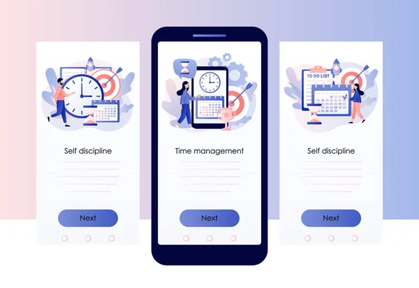 Konsep Disiplin dan Motivasi Diri. Pengaturan waktu, pengendalian diri, manajemen diri, target, metafora produktivitas. Templat layar untuk ponsel pintar. Gaya kartun datar modern. Vektor - Stok Vektor