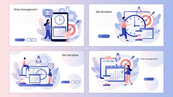 Concetto di autodisciplina. Gestione del tempo, autocontrollo. Schermo modello per smartphone mobile, pagina di destinazione, modello, ui, web, app mobile, poster, banner, volantino. Moderno stile fumetto piatto. Vettore — Vettoriale Stock