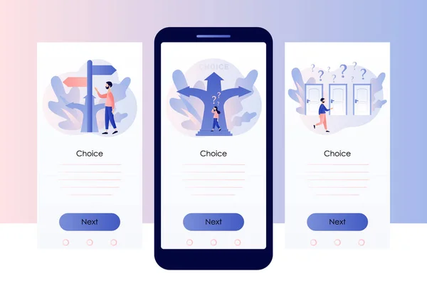 Konsep pilihan arah. Orang kecil memilih. Alternatif atau kesempatan metafora, dilema hidup, pengambilan keputusan. Templat layar untuk ponsel pintar. Gaya kartun datar modern. Vektor - Stok Vektor