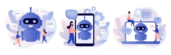 Chatbot konsepti. AI robot asistanı, çevrimiçi müşteri desteği. Küçük insanlar sohbet robotu uygulaması ile sohbet ediyorlar. Modern düz çizgi film tarzı. Beyaz arkaplanda vektör illüstrasyonu