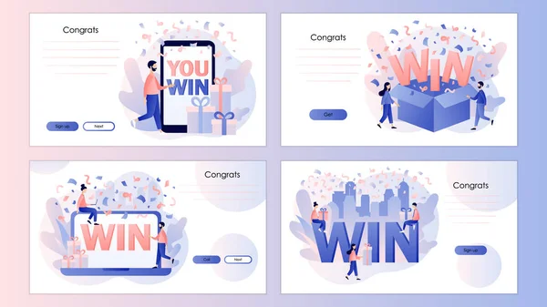 Gana el texto. Ganas Concepto. Felicidades, ganadora. Plantilla de pantalla para teléfono inteligente móvil, landing page, plantilla, ui, web, aplicación móvil, póster, banner, volante. Moderno estilo de dibujos animados planos. Vector — Vector de stock