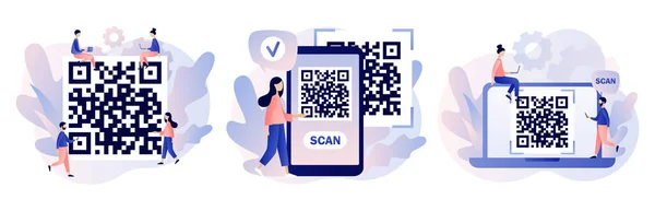 QR-Code-Scankonzept. Winzige Leute scannen den Code mit dem Smartphone. Moderner flacher Cartoon-Stil. Vektorabbildung auf weißem Hintergrund — Stockvektor