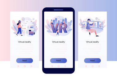 Sanal gerçeklik kavramı. Sanal gerçeklik gözlüğü kullanan küçük insanlar. VR siber uzay. Cep telefonu için ekran şablonu. Modern düz çizgi film tarzı. Beyaz arkaplanda vektör illüstrasyonu