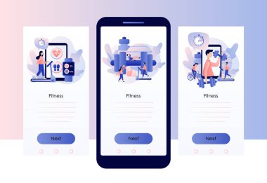 Fitness blogu ve egzersiz uygulaması konsepti. Küçük insanlar spor eğitimidir. Cep telefonu için ekran şablonu. Modern düz çizgi film tarzı. Beyaz arkaplanda vektör illüstrasyonu