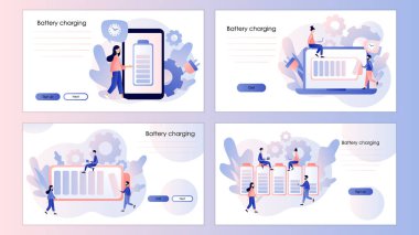 Pil şarjı. Küçük Kullanıcılar ve pil performansı. Cep telefonu, iniş sayfası, şablon, ui, web, mobil uygulama, poster, afiş, el ilanı için ekran şablonu. Modern düz çizgi film tarzı. Vektör