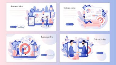 Çevrimiçi iş kavramı. Ufacık insanlar alışverişin sonucuna varıyor. Cep telefonu, iniş sayfası, şablon, ui, web, mobil uygulama, poster, afiş, el ilanı için ekran şablonu. Modern düz çizgi film vektörü