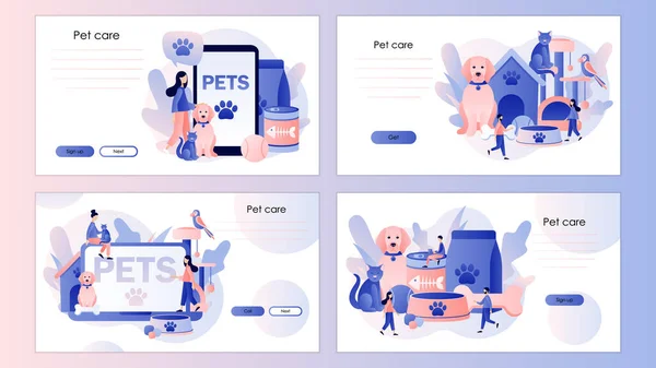 Pets care. Pet shop. Tiny people and Pets Concept. Screen template for mobile smart phone, landing page, template, ui, web, mobile app, poster, banner, flyer. Modern flat cartoon style. Vector — Stock Vector