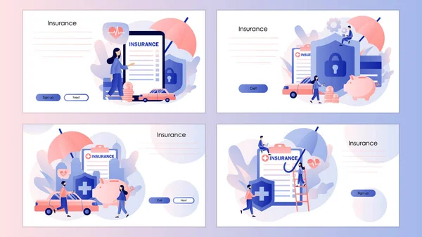 Sigorta konsepti. Emlak ve sağlık sigortası. Cep telefonu, iniş sayfası, şablon, ui, web, mobil uygulama, poster, afiş, el ilanı için ekran şablonu. Modern düz çizgi film tarzı. Vektör