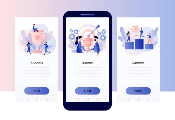 Concetto di successo. Business Team Successo, concetto di successo. Piccole persone con premio, Coppa. Modello di schermo per smartphone mobile. Moderno stile fumetto piatto. Illustrazione vettoriale su sfondo bianco — Vettoriale Stock