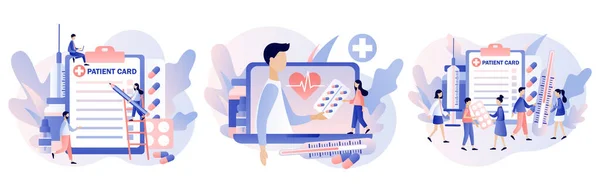 Online doktor konsepti. Doktora hasta muayenesi. Çevrimiçi Tıp Hizmetleri. Hasta kartı olan küçük insanlar. Modern düz çizgi film tarzı. Vektör illüstrasyonu