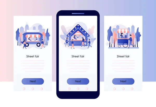 週末の祭り、フードストリートフェア、ファミリーフェスティバルのコンセプト。携帯電話用の画面テンプレート。現代のフラット漫画スタイル。ベクターイラスト — ストックベクタ