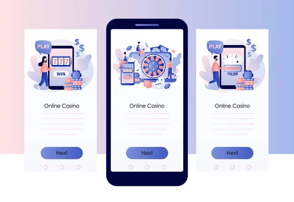 인터넷 카지노와 도박 컨셉. 타이니 피플 (Tiny People) 온라인 포커, 룰렛, 슬롯 머신. 휴대용 스마트폰 화면 템플릿. 현대의 평평 한 만화 스타일. 벡터 일러스트 — 스톡 벡터