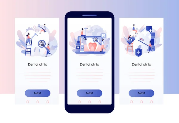 歯科医院のコンセプト。腫瘍学および歯列矯正医療センター。歯の治療、歯の保護と洗浄。携帯電話用の画面テンプレート。現代のフラット漫画スタイル。ベクターイラスト — ストックベクタ