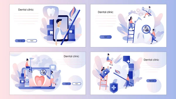 Dişçi kliniği konsepti. Diş bakımı. Stomatoloji. Cep telefonu, iniş sayfası, şablon, ui, web, mobil uygulama, poster, afiş, el ilanı için ekran şablonu. Modern düz çizgi film tarzı. Vektör.