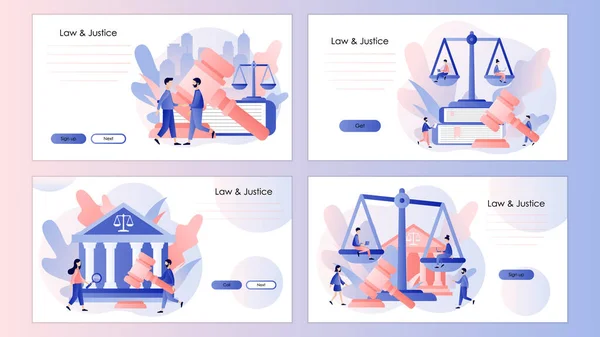 Concepto de Derecho y Justicia. La justicia escala y juzga el mazo. Plantilla de pantalla para teléfono inteligente móvil, landing page, plantilla, ui, web, aplicación móvil, póster, banner, volante. Moderno estilo de dibujos animados planos. Vector — Archivo Imágenes Vectoriales