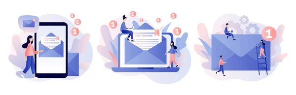 Email e messaggistica, Email service, Email marketing. Moderno stile fumetto piatto. Illustrazione vettoriale — Vettoriale Stock