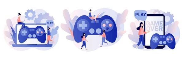 Concepto de juego. Gente jugadores jugando videojuego en línea. Moderno estilo de dibujos animados planos. Ilustración vectorial — Vector de stock