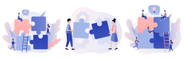 Teamwork concept. Team metaphor. People connecting puzzle elements. Modern flat cartoon style. Vector — Stock Vector