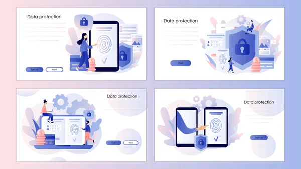 데이터 보호 개념. Scan Fingerprint, Identification System. 휴대용 스마트폰 화면 템플릿. 현대의 평평 한 만화 스타일. Vector — 스톡 벡터