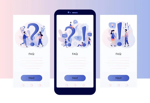 FAQ-konceptet satt. Folk runt utropstecken och frågetecken. Metaforfrågan besvaras. Skärmmall för mobiltelefon. Modern platt tecknad stil. Vektor — Stock vektor