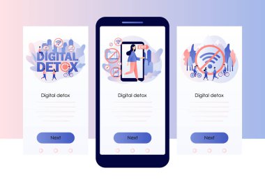 Dijital detoks. İnternetten, akıllı telefonlardan ve sosyal medyadan uzak. Küçük insanlar doğada rahatlar. Cep telefonu için ekran şablonu. Modern düz çizgi film tarzı. Vektör