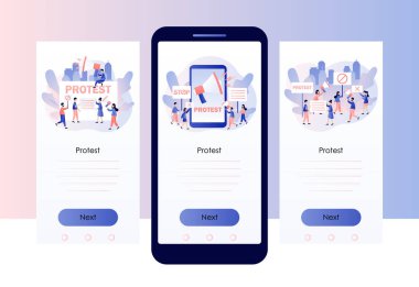 Protesto ve sosyal aktivite konsepti. Küçük insanlar, ellerinde pankartlar, afişler ve megafonlar olan protestocular. Cep telefonu için ekran şablonu. Modern düz çizgi film tarzı. Vektör illüstrasyonu