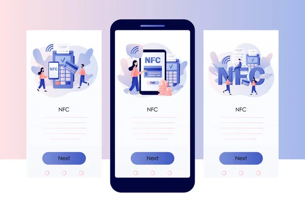 Platba NFC, finanční transakce, terminály a kreditní karty, internetové bankovnictví. Pos-terminál a platební systémy. Šablona obrazovky pro mobilní chytrý telefon. Moderní plochý kreslený styl. Vektorová ilustrace — Stockový vektor