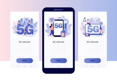 5G ağ kablosuz teknolojisi. Büyük harflerle 5G ve aletleri olan küçük insanlar yüksek hızlı internet kullanıyorlar. Cep telefonu için ekran şablonu. Modern düz çizgi film tarzı. Vektör illüstrasyonu