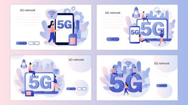 5G ağ kablosuz teknolojisi. Büyük harflerle 5G. Cep telefonu, iniş sayfası, şablon, ui, web, mobil uygulama, poster, afiş, el ilanı için ekran şablonu. Modern düz çizgi film tarzı. Vektör