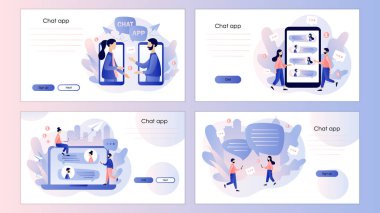 Mobil sohbet uygulaması. Çevrimiçi iletişim, sosyal ağ. Cep telefonu, iniş sayfası, şablon, ui, web, mobil uygulama, poster, afiş, el ilanı için ekran şablonu. Modern düz çizgi film tarzı. Vektör.