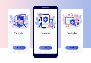 Aşı zamanı. Aşı konsepti. Aşı, şırınga, şişe ve takvimle küçük insanlar. Cep telefonu için ekran şablonu. Modern düz çizgi film tarzı. Vektör illüstrasyonu