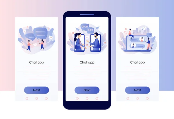모바일 채팅 앱. 작은 사람들은 대화를 위해 스마트폰을 사용 합니다. 온라인 통신, 소셜 네트 워킹, 메시지. 휴대용 스마트폰 화면 템플릿. 현대의 평평 한 만화 스타일. Vector — 스톡 벡터