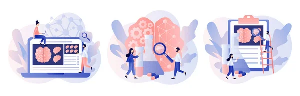 Concepto de neurología e investigación cerebral. Las personas pequeñas estudian el cerebro humano y la psicología. Tomografía de cabeza. Moderno estilo de dibujos animados planos. Ilustración vectorial sobre fondo blanco — Vector de stock