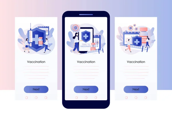 ワクチンを接種する時間だ。予防接種の概念。ワクチン、注射器、ボトル、カレンダーを持つ小さな人々の医者。携帯電話用の画面テンプレート。現代のフラット漫画スタイル。ベクターイラスト — ストックベクタ