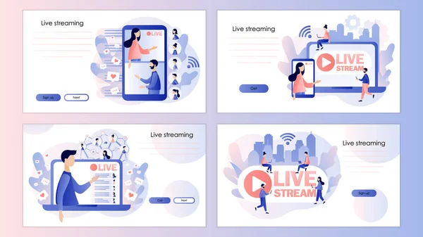 Live streaming. Online videochat. Schermsjabloon voor mobiele smartphone, landingspagina, template, ui, web, mobiele app, poster, banner, flyer. Moderne platte cartoon stijl. Vectorillustratie — Stockvector