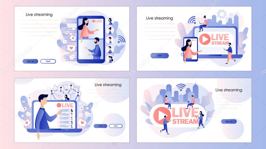 Live streaming. Online video chat. Screen template for mobile smart phone, landing page, template, ui, web, mobile app, poster, banner, flyer. Modern flat cartoon style. Vector illustration