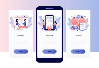 Boşanma kavramı. Küçük insanlar arasında bir ilişki ayrılığı. Kırık kalp. Boşanma kağıtlarını imzala. Mülk bölüşümü. Cep telefonu için ekran şablonu. Modern düz çizgi film tarzı. Vektör illüstrasyonu