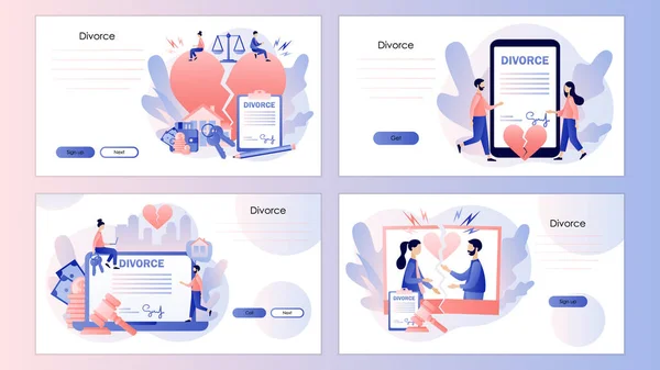 Concepto de divorcio. Romper relaciones. Corazón roto. Plantilla de pantalla para teléfono inteligente móvil, landing page, plantilla, ui, web, aplicación móvil, póster, banner, volante. Moderno estilo de dibujos animados planos. Vector — Vector de stock