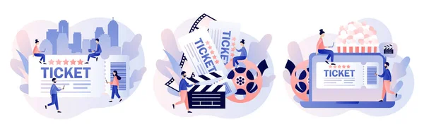 Billets de cinéma vente en ligne. Des gens minuscules achètent des billets sur Internet. Le cinéma en ligne. Cinéma mobile. La cinématographie. Style de dessin animé plat moderne. Illustration vectorielle sur fond blanc — Image vectorielle