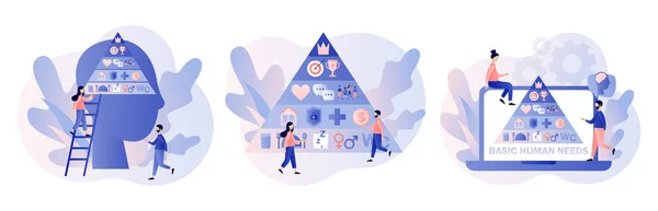 Az alapvető emberi szükségletek. Maslow hierarchia piramis.Apró emberek és háromszög piramis fiziológiai, biztonsági, tartozás szeretet társadalmi megbecsülés és önmegvalósítás szintek struktúra séma.Vektor illusztráció — Stock Vector