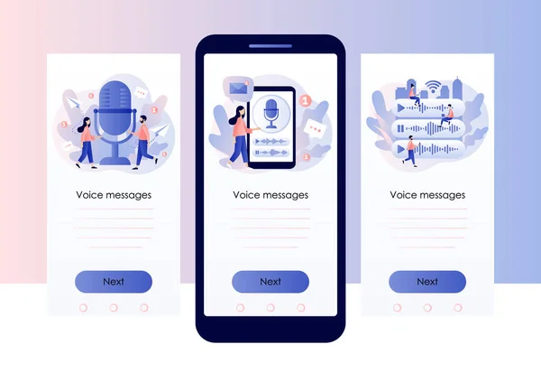 Concept de messages vocaux. Les petites personnes utilisent le microphone pour enregistrer le message. Application de chat. Modèle d'écran pour téléphone intelligent mobile. Style de dessin animé plat moderne. Illustration vectorielle sur fond blanc — Image vectorielle